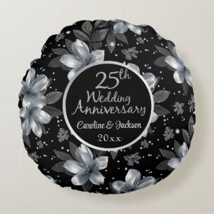 25th Silver Glitter Floral Wedding Anniversary Round Cushion
