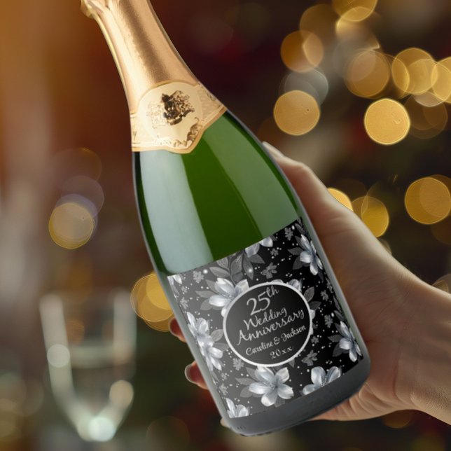 25th Silver Glitter Floral Wedding Anniversary  Sparkling Wine Label (Creator Uploaded)