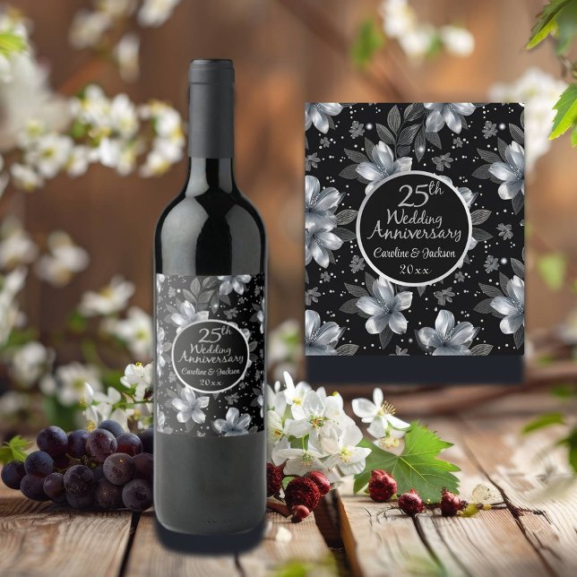25th Silver Glitter Floral Wedding Anniversary  Wine Label (Creator Uploaded)