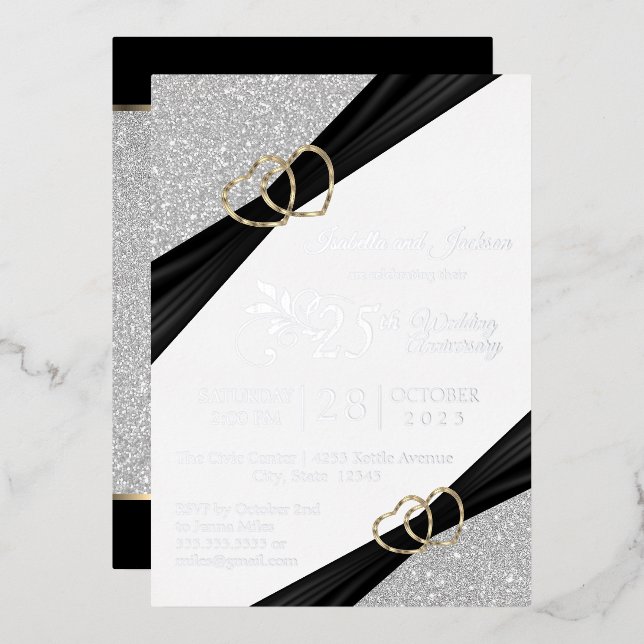 25th Silver Glitter & Gold Heart Anniversary (Front/Back)