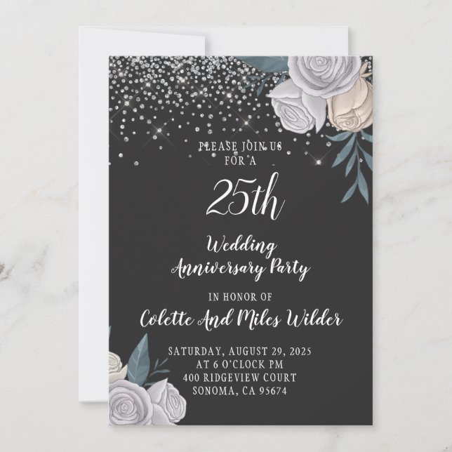 25th Silver Glitter Wedding Anniversary Invitation (Front)