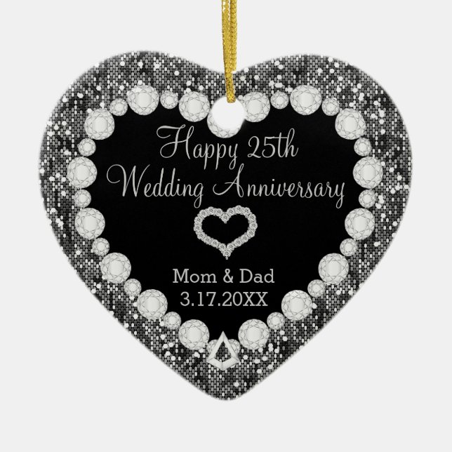 25th Silver Glitter Wedding Anniversary Keepsake Ceramic Tree Decoration (Front)
