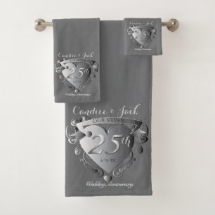 25th Silver Wedding Anniversary 3D Heart Emblem Bath Towel Set