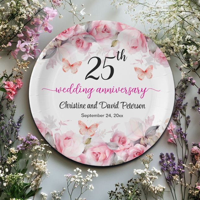 25th Silver Wedding Anniversary Blush Roses Paper Plate (Creator Uploaded)