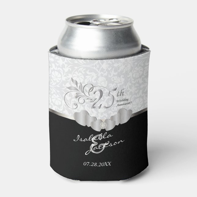 25th Silver Wedding Anniversary | Damask Pattern Can Cooler (Can Front)