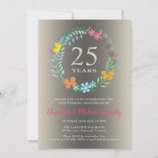 25th Silver Wedding Anniversary Floral Invitation (Front)