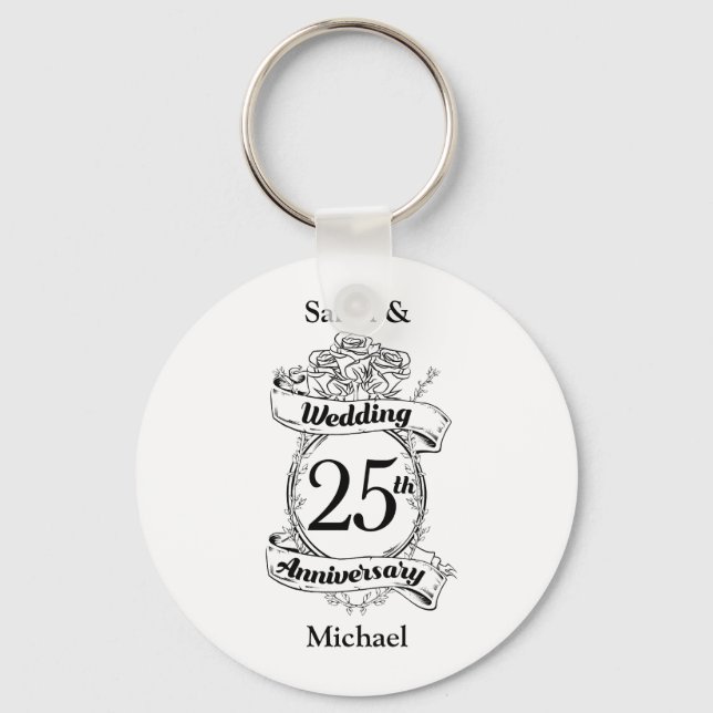 25th Silver Wedding Anniversary Flowers Rose Key Ring (Front)