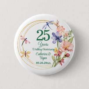 25th Silver Wedding Anniversary Gold Frame Floral 6 Cm Round Badge