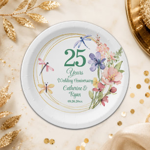25th Silver Wedding Anniversary Gold Frame Floral Paper Plate