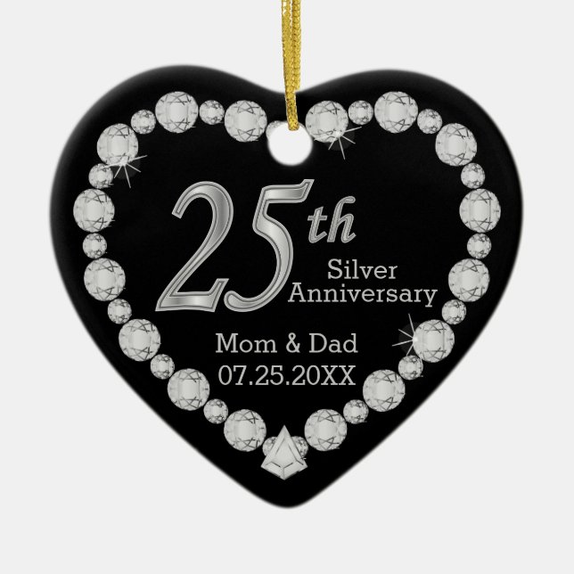 25th Silver Wedding Anniversary Heart Ceramic Tree Decoration (Front)