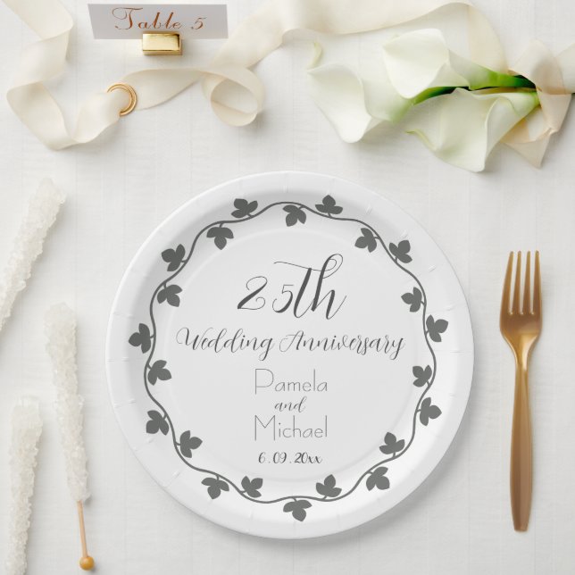 25th Silver Wedding Anniversary Ivy Wreath Paper Plate (Wedding)
