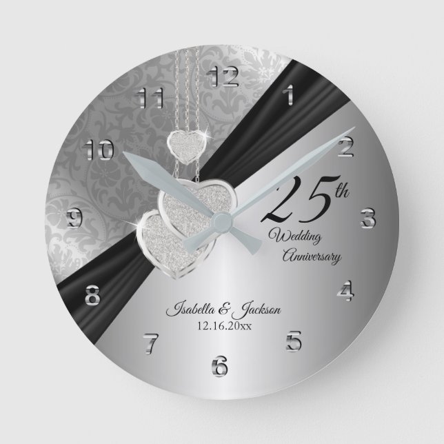 25th Silver Wedding Anniversary Keepsake Design Round Clock (Front)