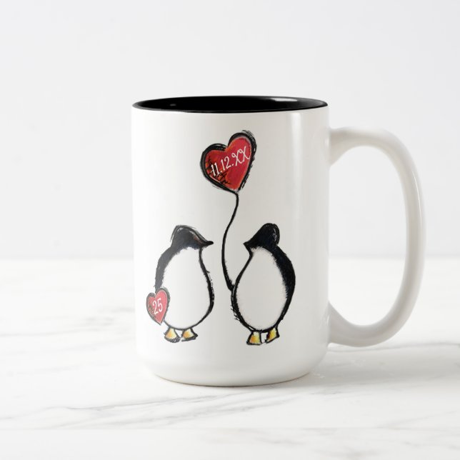 25th silver wedding anniversary penguin Two-Tone coffee mug (Right)