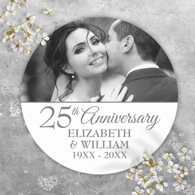 25th Silver Wedding Anniversary Photo Elegant Classic Round Sticker (25th Silver Wedding Anniversary Photo Elegant Classic Round Sticker)