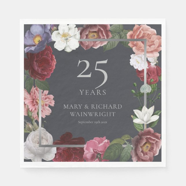 25th Silver Wedding Anniversary Roses Floral Napkin (Front)
