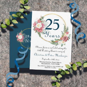 25th Silver Wedding Anniversary Roses Gold Frame Invitation
