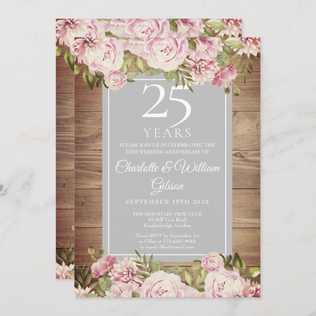 25th Silver Wedding Anniversary Rustic Roses Invitation (Front/Back)