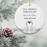 25th silver wedding anniversary white swans love ceramic tree decoration<br><div class="desc">Two beautiful swans in love bending their heads toghether and forming a heart. White elegant background,  perfector for a silver wedding anniversary!  A swan couple stay together for life,  so they are the perfect symbol of love. With the text: 25th Anniversary. Template for two names,  black letters.</div>