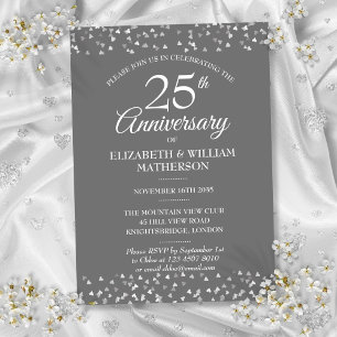 25th Weddding Anniversary Silver Hearts Confetti Invitation