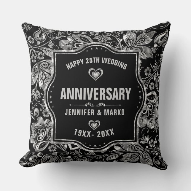 25th Wedding Anniversary Black And Silver Design Cushion (Front)