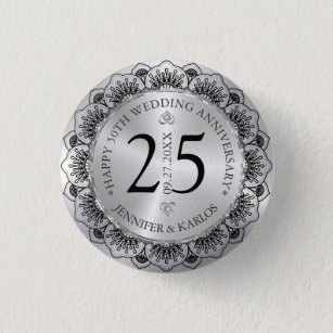 25th wedding anniversary black lace & silver 3 cm round badge