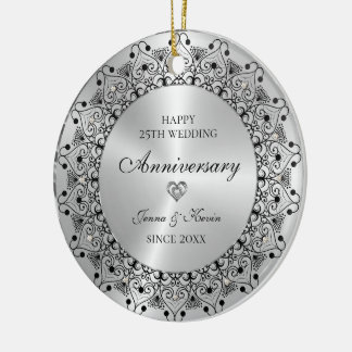 25th Wedding Anniversary Black Mandala On Gold Ceramic Tree Decoration