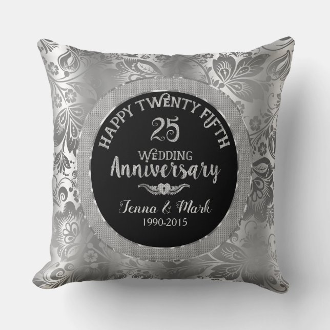 25th Wedding Anniversary Black & Silver Damasks Cushion (Front)