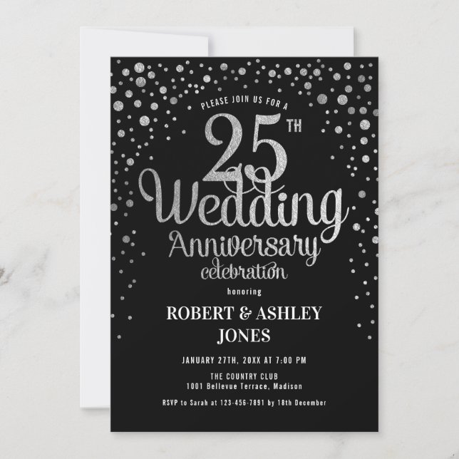 25th Wedding Anniversary - Black & Silver Invitation (Front)
