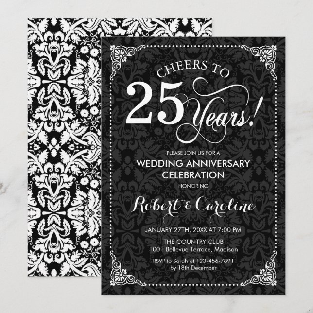 25th Wedding Anniversary - Black White Damask Invitation (Front/Back)