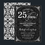 25th Wedding Anniversary - Black White Damask Invitation<br><div class="desc">Golden 25th Wedding Anniversary Invitation.
Elegant vintage black and white design with damask pattern. Features script font. Cheers to 25 years! Can be personalised into any year of marriage! Message me if you need further customisation.</div>