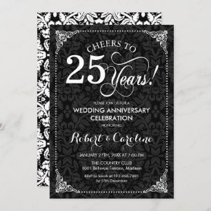 25th Wedding Anniversary - Black White Damask Invitation