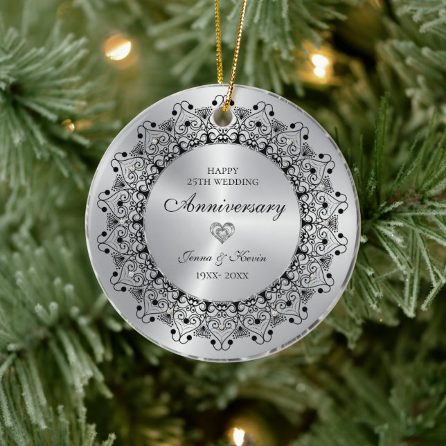 25th Wedding Anniversary BlackMandala On Gold Ceramic Tree Decoration (Tree)