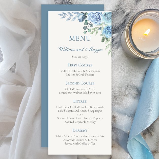 25th Wedding Anniversary Blue Floral Elegant Menu (Elegant blue floral 25th anniversary menu card for formal dinner settings)