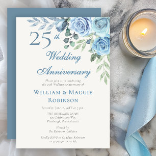 25th Wedding Anniversary Blue Floral Elegant Party Invitation