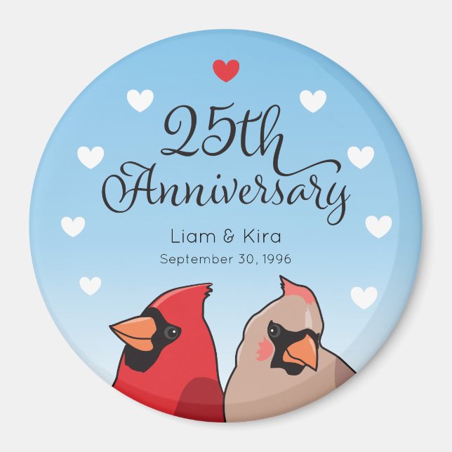 25th Wedding Anniversary, Cardinal and Hearts Magnet (Front)