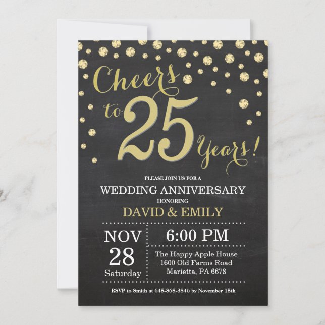 25th Wedding Anniversary Chalkboard Black and Gold Invitation (Front)