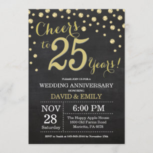 25th Wedding Anniversary Chalkboard Black and Gold Invitation