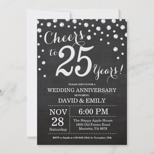25th Wedding Anniversary Chalkboard Black Silver Invitation (Front)