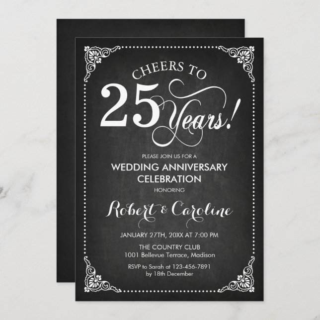 25th Wedding Anniversary - Chalkboard White Invitation (Front/Back)