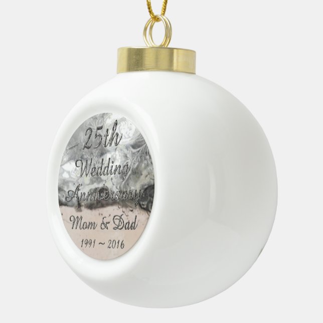 25th Wedding Anniversary Chic Silver Typography Ceramic Ball Christmas Ornament (Right)