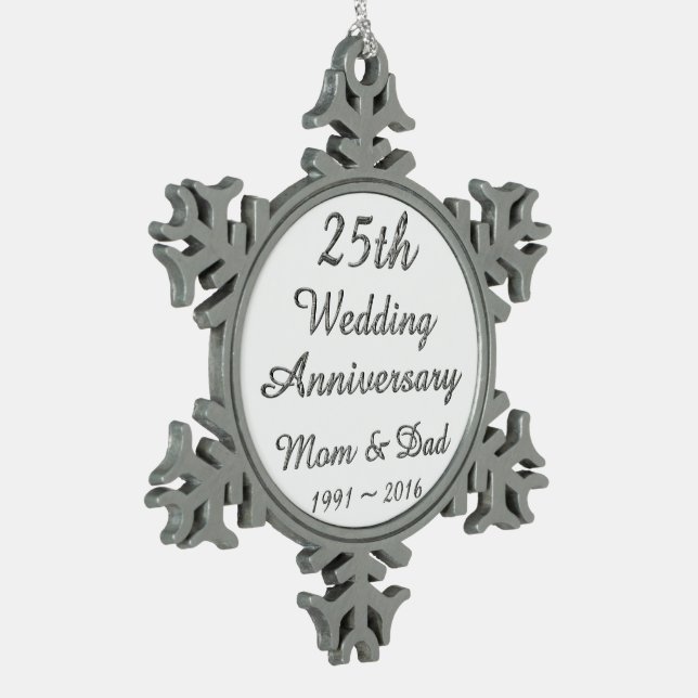 25th Wedding Anniversary Chic Silver Typography Snowflake Pewter Christmas Ornament (Left)