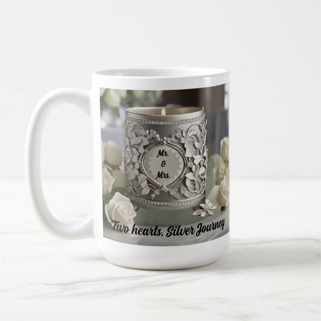 25th Wedding Anniversary Couple Two Hearts, Silver Coffee Mug (Left)
