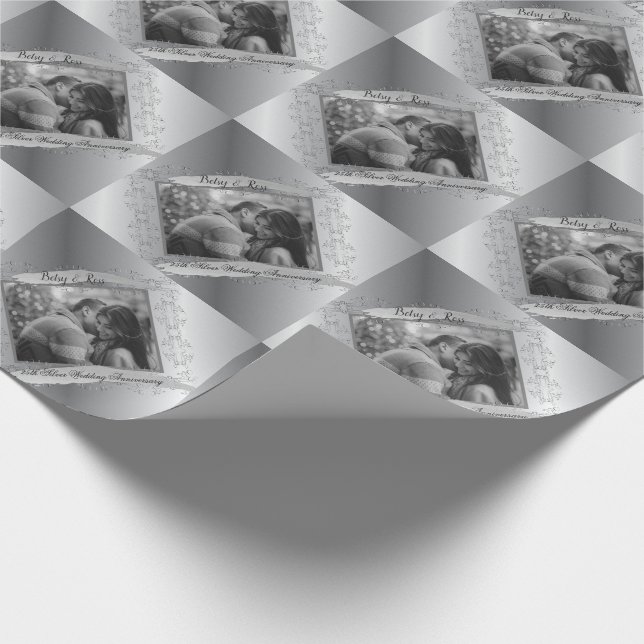 25th Wedding Anniversary Custom Blck and Wht Photo Wrapping Paper (Corner)