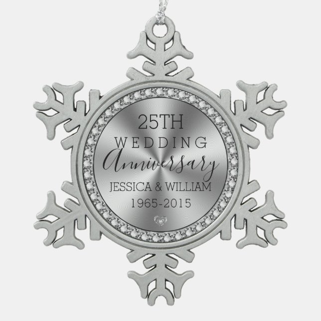 25th wedding anniversary diamonds & silver snowflake pewter christmas ornament (Front)