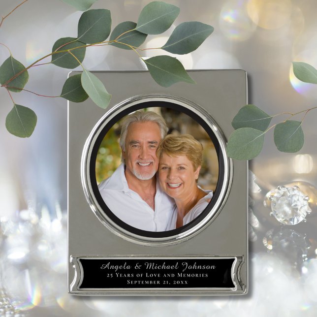 25th Wedding Anniversary Elegant Keepsake Picture Silver Plated Banner Ornament (Creator Uploaded)