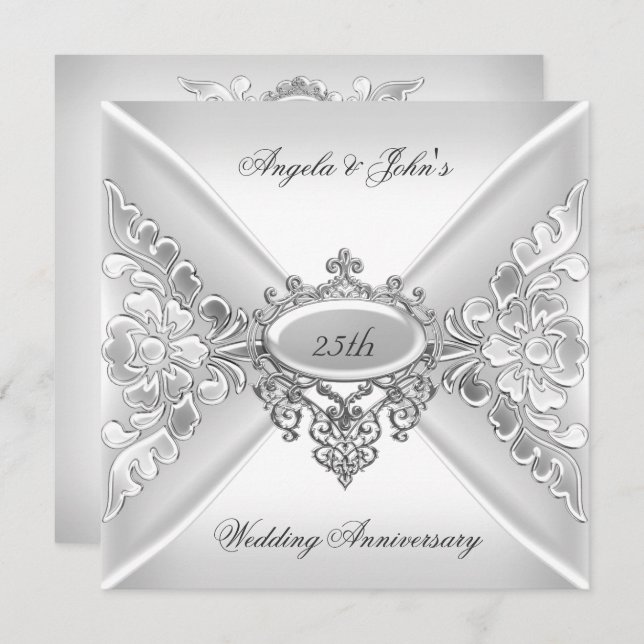 25th Wedding Anniversary Elegant Silver White Invitation (Front/Back)