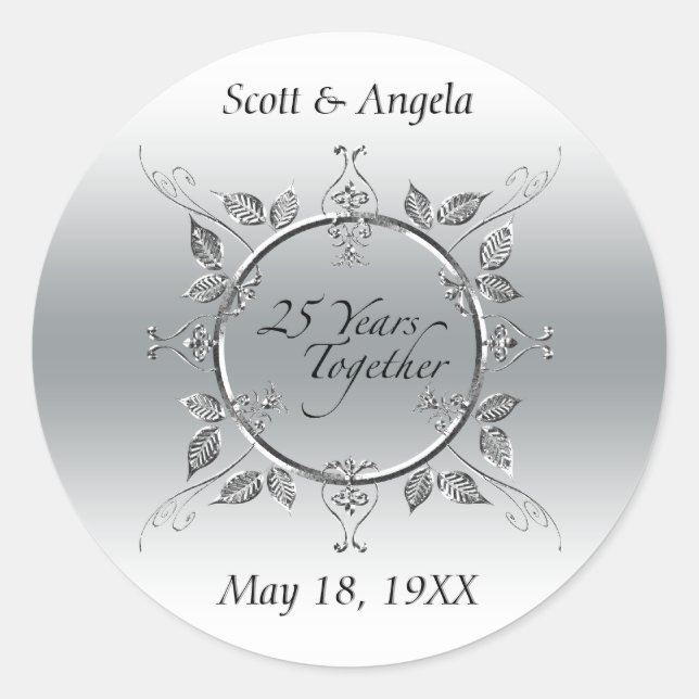 25th Wedding Anniversary Favour Silver 25 Years Classic Round Sticker (Front)