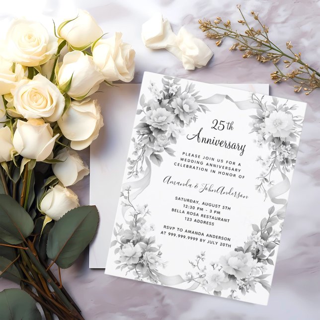 25th wedding anniversary florals silver invitation (Creator Uploaded)
