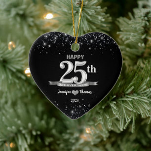 25th Wedding Anniversary Glitter Silver Custom Ceramic Tree Decoration