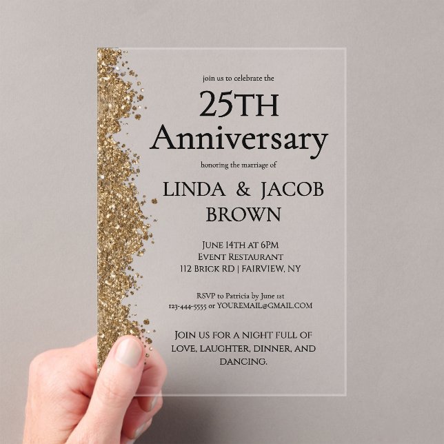 25th Wedding Anniversary Gold Faux Glitter  Acrylic Invitations (Insitu (Handheld))